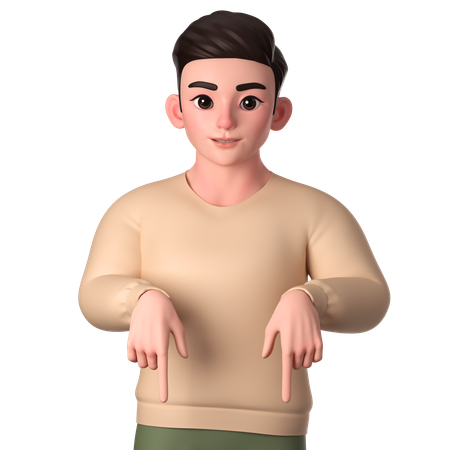 Young Man Pointing To Down Side With Both Hands  3D Illustration