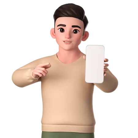 Young Man Pointing To His Smartphone To Show Or Promote  3D Illustration