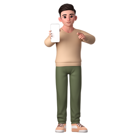 Young Man Pointing To His Smartphone To Show Or Promote  3D Illustration