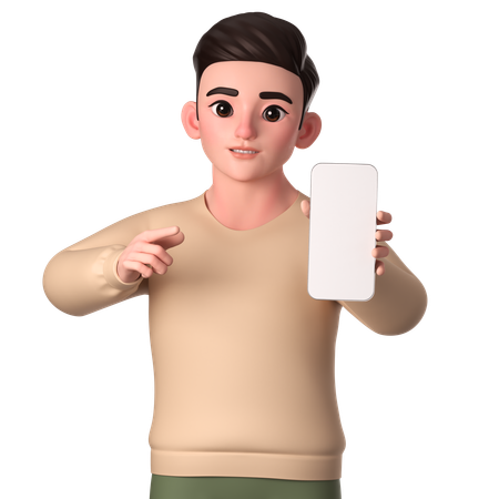 Young Man Pointing To His Smartphone To Show Or Promote  3D Illustration