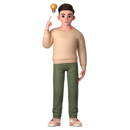 Young Man Pointing To Lamp Of Ideas  3D Illustration