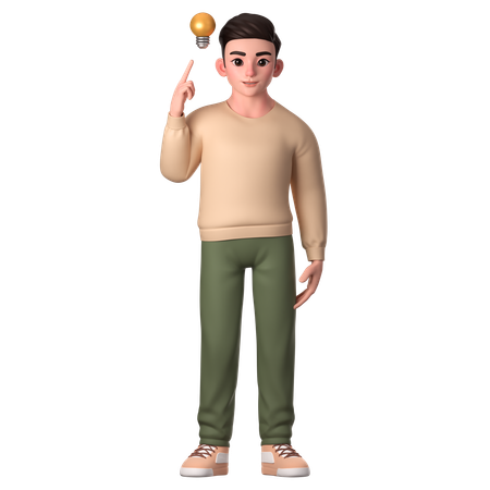 Young Man Pointing To Lamp Of Ideas  3D Icon