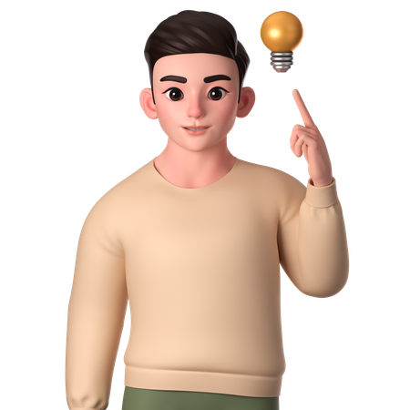 Young Man Pointing To Lamp Of Ideas  3D Icon