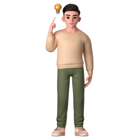 Young Man Pointing To Lamp Of Ideas  3D Illustration