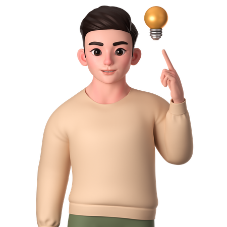 Young Man Pointing To Lamp Of Ideas  3D Illustration