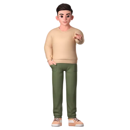 Young Man Pointing To Top Front With Left Hand  3D Illustration