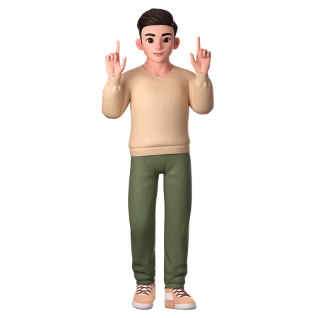 Young Man Pointing To Top Side With Both Hands  3D Illustration