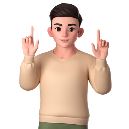 Young Man Pointing To Top Side With Both Hands  3D Illustration