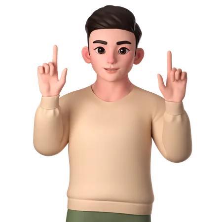 Young Man Pointing To Top Side With Both Hands  3D Illustration