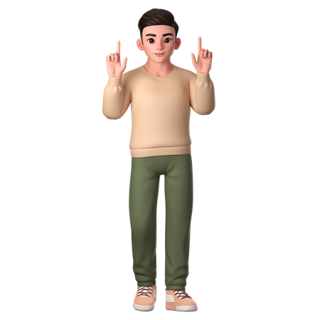 Young Man Pointing To Top Side With Both Hands  3D Illustration