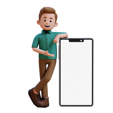 Young Man Presenting On Big Smartphone With Empty Screen  3D Illustration