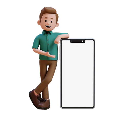 Young Man Presenting On Big Smartphone With Empty Screen  3D Illustration