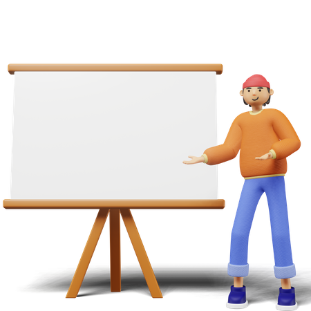 Young man Presenting Something on whiteboard  3D Illustration