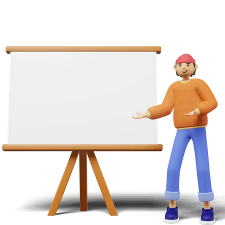 Young man Presenting Something on whiteboard  3D Illustration