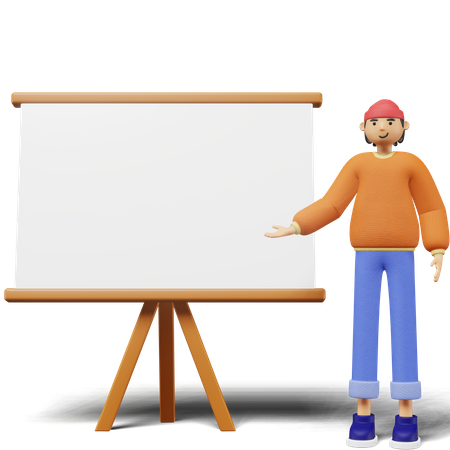 Young man Presenting Something on whiteboard  3D Illustration