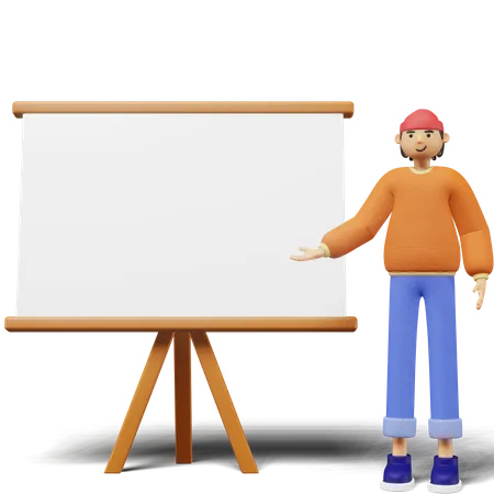 Young man Presenting Something on whiteboard  3D Illustration