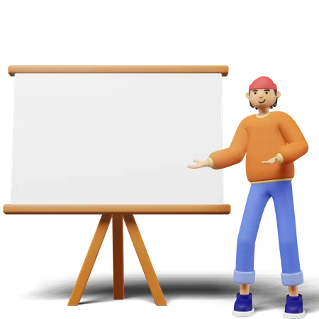 Young Man Presenting Something On Whiteboard Pose 3D Illustration