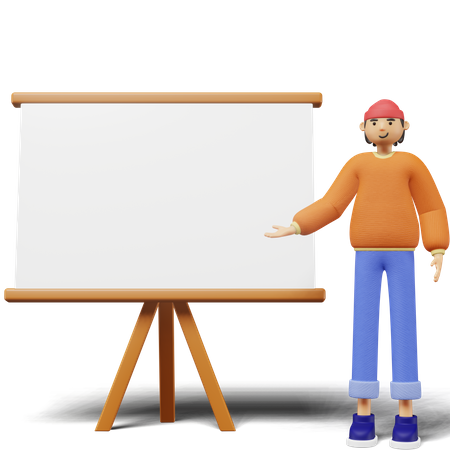 Young man Presenting Something on whiteboard 3D Illustration