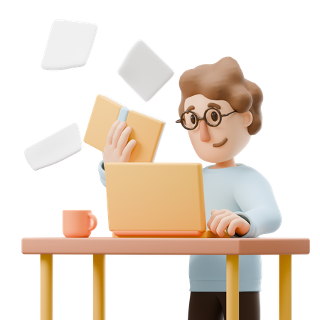 Young Man Reading On Laptop  3D Illustration