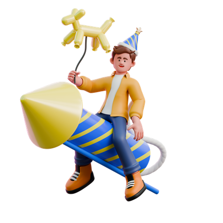 Young Man Riding Rocket And Carrying Balloon  3D Illustration