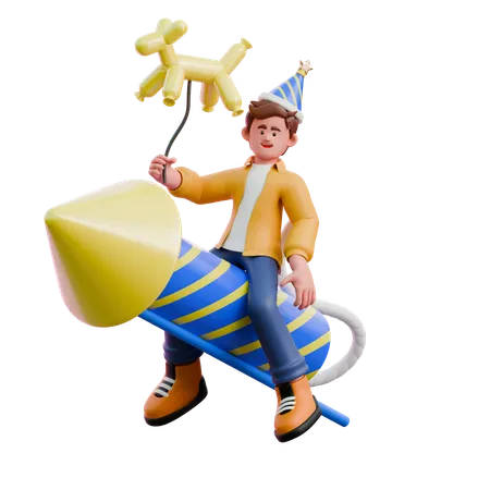 Young Man Riding Rocket And Carrying Balloon  3D Illustration