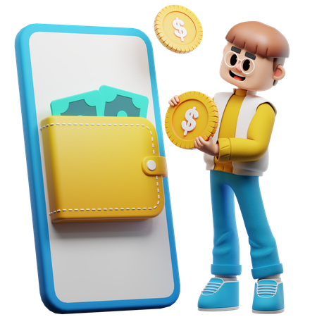 Young Man Saving Money On Online Wallet  3D Illustration