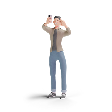 Young man selfie with peace hand sign  3D Logo