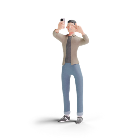 Young man selfie with peace hand sign 3D Illustration