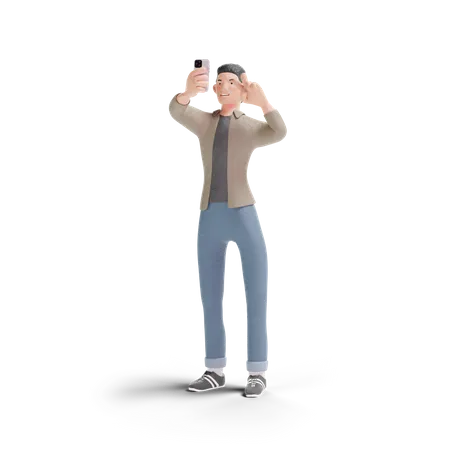 Young Man Selfie With Peace Hand Sign In Transparent Background 3 D Illustration 3D Logo