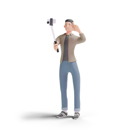 Young man selfie with selfie stick 3D Illustration