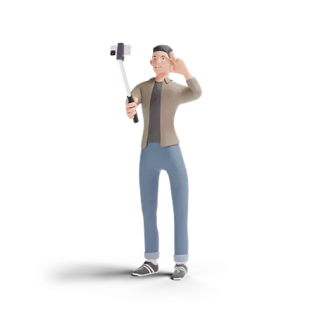 Young Man Selfie With Selfie Stick In Transparent Background 3 D Illustration 3D Logo