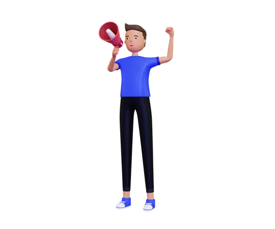 Young man shouting in megaphone 3D Illustration
