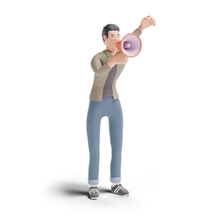 Young man shouting with megaphone 3D Illustration