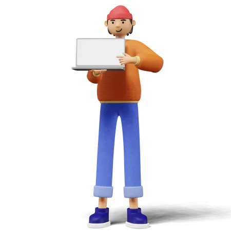 Young man Showing Laptop Screen  3D Illustration