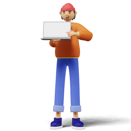 Young man Showing Laptop Screen 3D Illustration