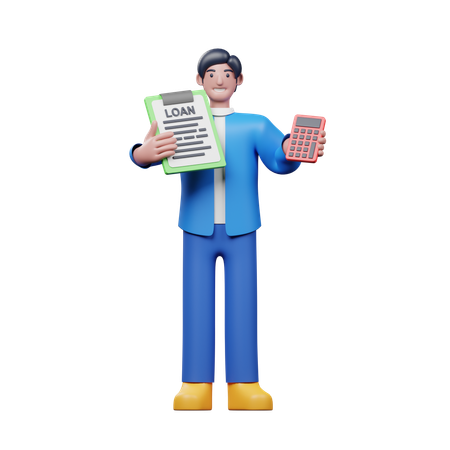 Young Man Showing Loan Paper With Calculater  3D Icon