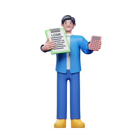 Young Man Showing Loan Paper With Calculater  3D Illustration