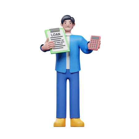 Young Man Showing Loan Paper With Calculater  3D Illustration