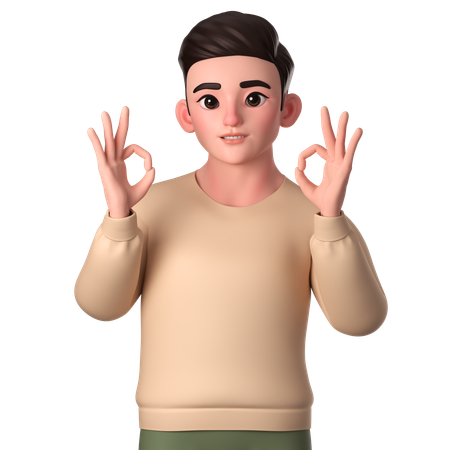 Young Man Showing Ok Gesture With Both Hands  3D Illustration