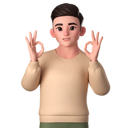 Young Man Showing Ok Gesture With Both Hands  3D Illustration