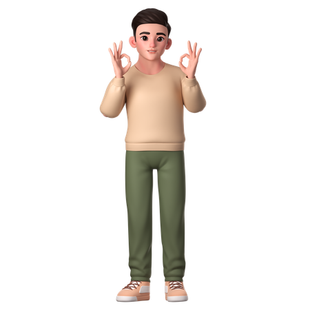 Young Man Showing Ok Gesture With Both Hands  3D Icon