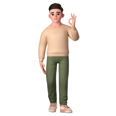 Young Man Showing Ok Gesture With Left Hand  3D Illustration