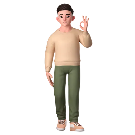 Young Man Showing Ok Gesture With Left Hand  3D Illustration
