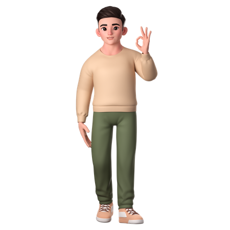 Young Man Showing Ok Gesture With Left Hand  3D Icon