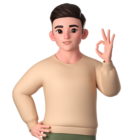 Young Man Showing Ok Gesture With Left Hand  3D Illustration