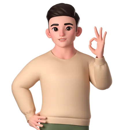 Young Man Showing Ok Gesture With Left Hand  3D Illustration