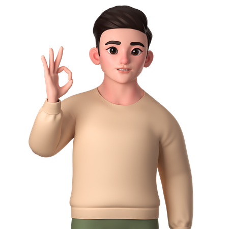 Young Man Showing Ok Gesture With Right Hand  3D Illustration