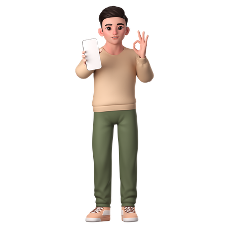 Young Man Showing Ok Hand Gesture With His Smartphone  3D Illustration