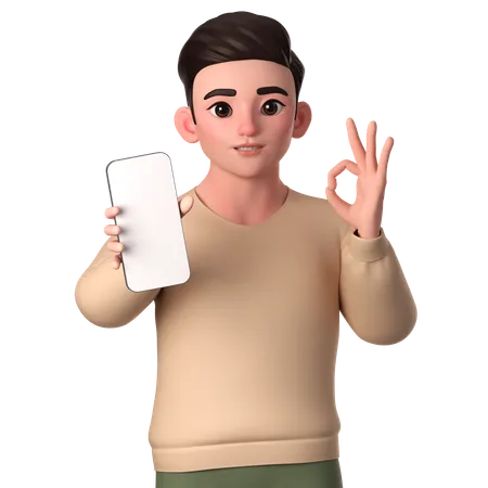 Young Man Showing Ok Hand Gesture With His Smartphone  3D Illustration