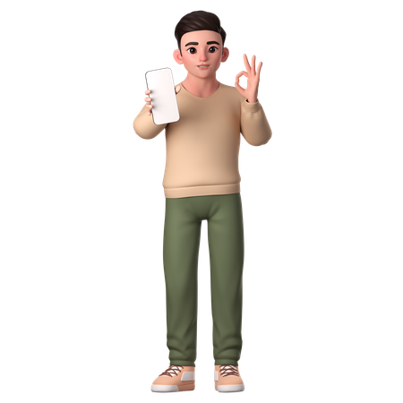 Young Man Showing Ok Hand Gesture With His Smartphone  3D Icon